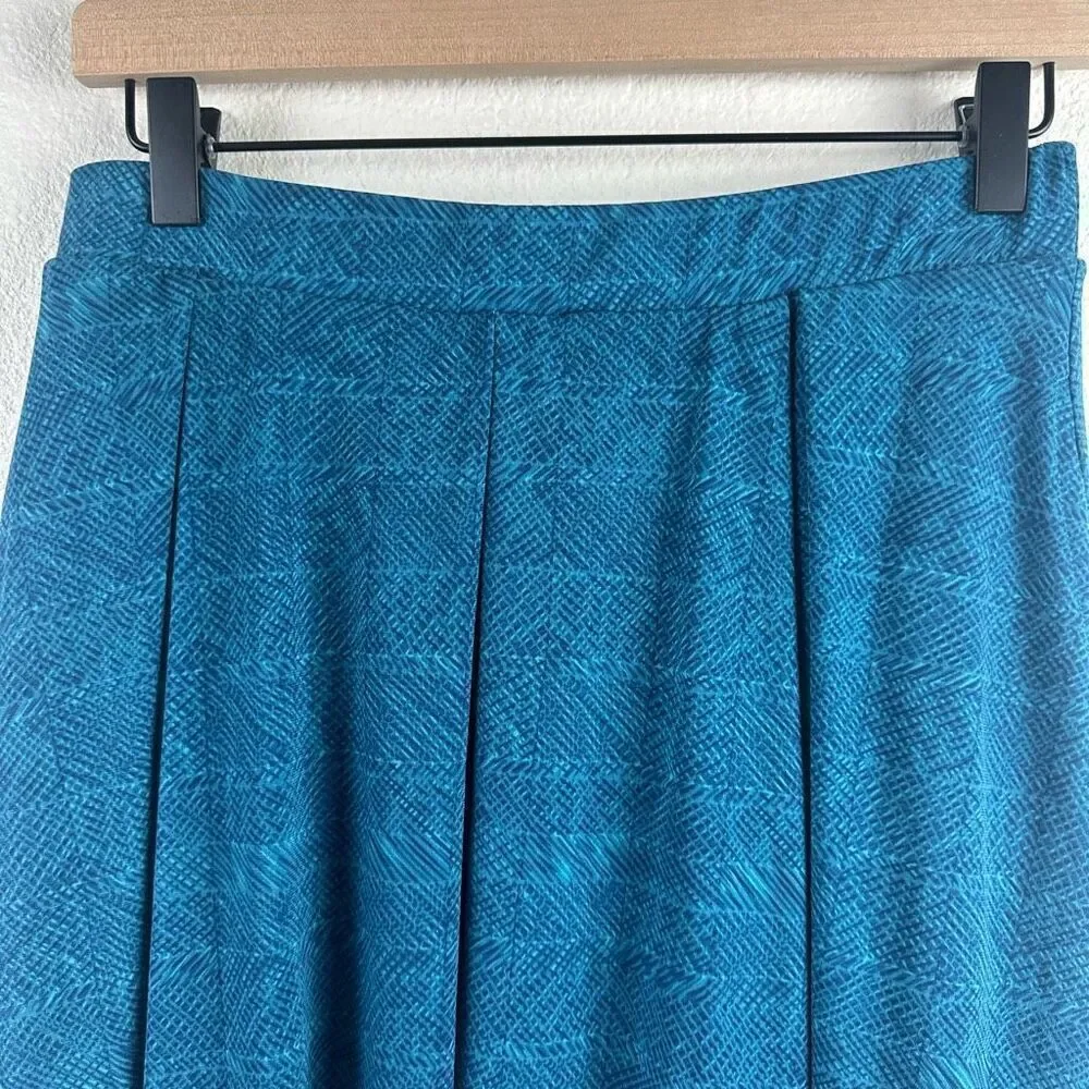 LuLaRoe Women's‎ S Pull On Box Pleat Midi Skirt Blue Herringbone Print Modest